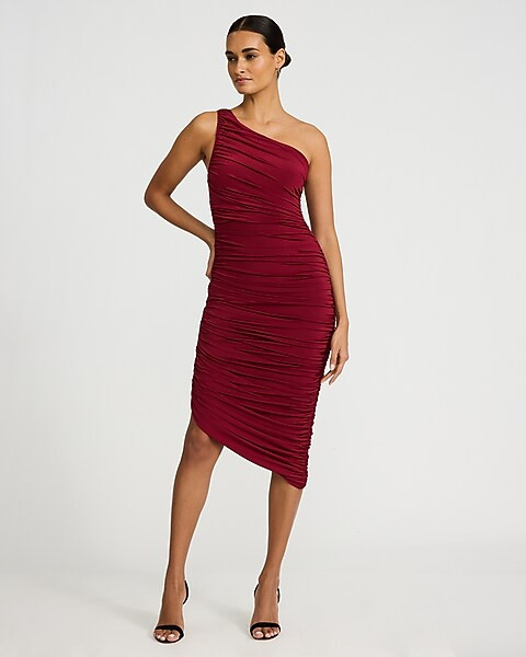 One Shoulder Ruched Asymmetrical Midi Sheath Dress | Express
