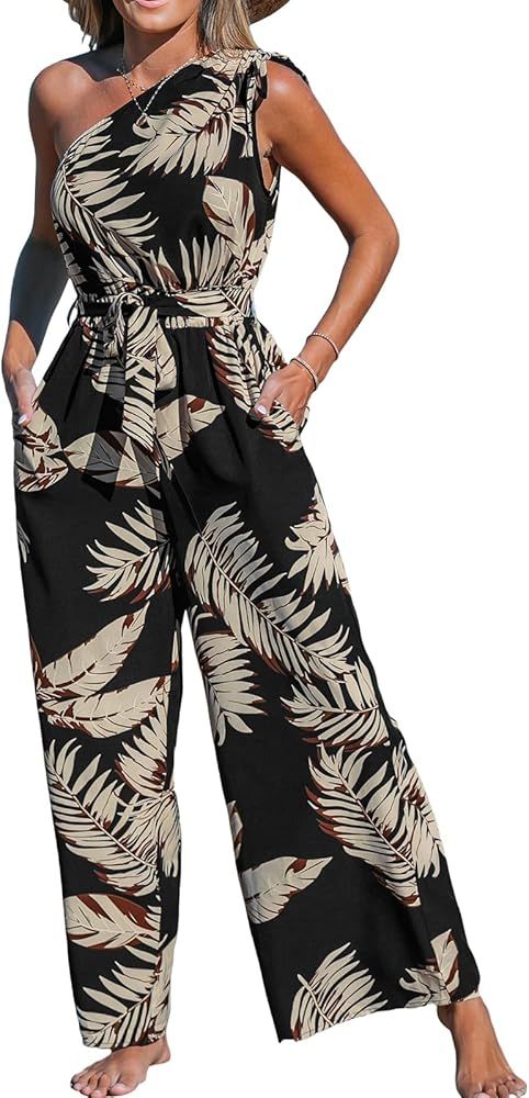 CUPSHE Women's Jumpsuits Tropics One-Shoulder Neck Wide Leg Jumpsuit Overall Sleeveless Outfit Ca... | Amazon (US)