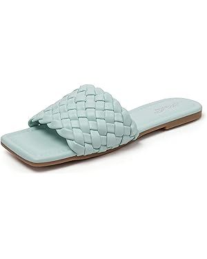 katliu Women's Square Open Toe Flat Sandals Slip On Slide Sandals Woven Strap Flat Sandals | Amazon (US)