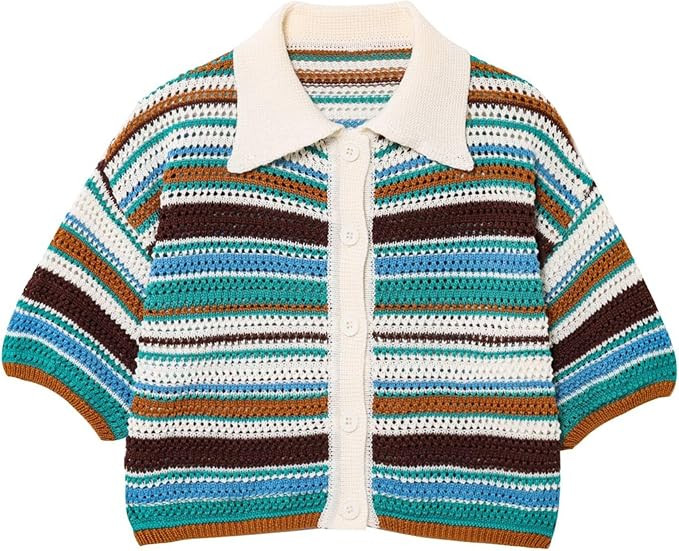 Chevara Women’s Striped Crochet Sweater Cardigan Short Sleeves Polo Collared Sweater Tops | Amazon (US)