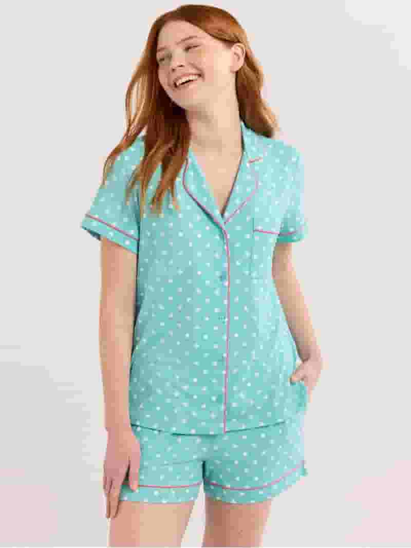 Joyspun Women’s Short Sleeve Knit Notch Collar Top and Shorts Pajama Set, 2-Piece, Sizes XS-3X | Walmart (US)