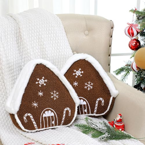Anglechic 2 Pcs Christmas Gingerbread House Pillows Decorative Shaped Throw Pillows Merry Christmas Stuffed Wool Pillows Soft Xmas Plush Cushion for Sofa Couch Bedroom Livingroom | Amazon (US)