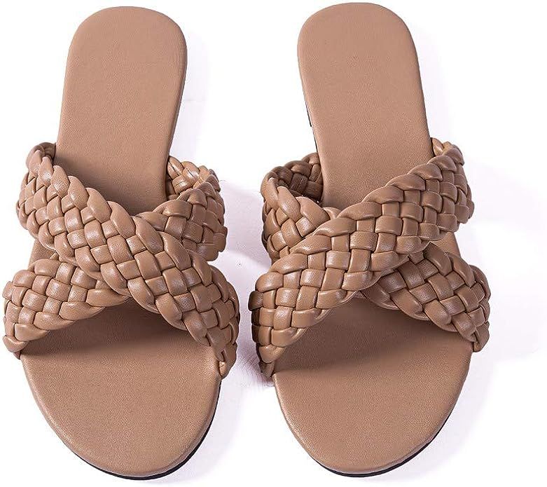 Women Flat Sandals Metal Woven Leather Comfort Walking Thong Flip Flops Sandals | Amazon (US)