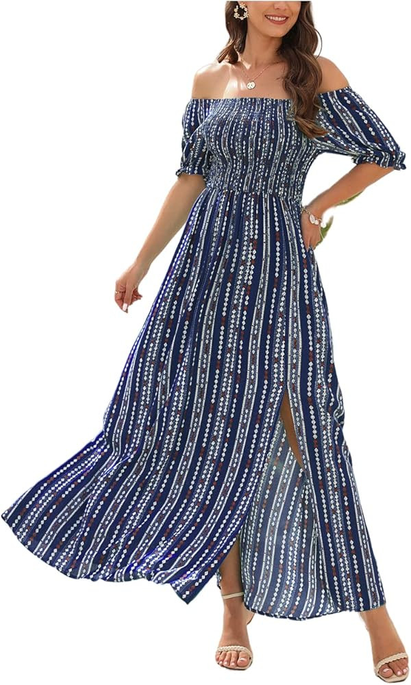 Women's Summer Off Shoulder Short Sleeve Dresses Side Split Boho Maxi Dress | Amazon (US)