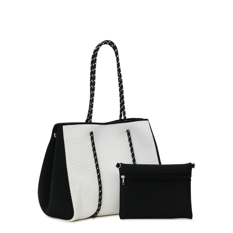 No Boundaries Women's 2-Piece Neoprene Beach Tote Handbag with Removable Zipper Pouch, White/Blac... | Walmart (US)
