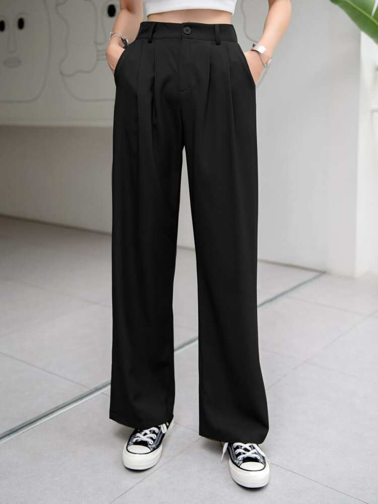 DAZY Solid Plicated Straight Leg Suit Pants | SHEIN