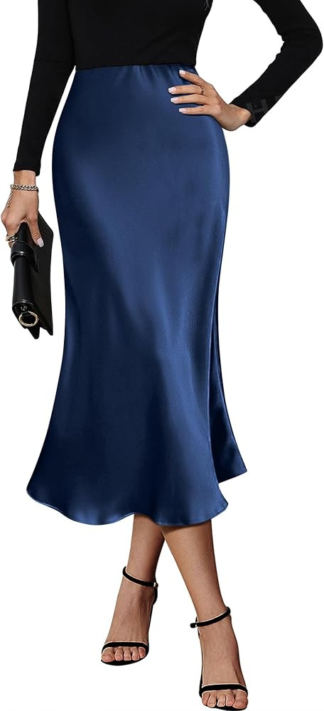 HOTOUCH Womens Satin Skirts Casual Silk Midi Skirt High Waisted Long Skirts Zipper Elegant Work S... | Amazon (US)