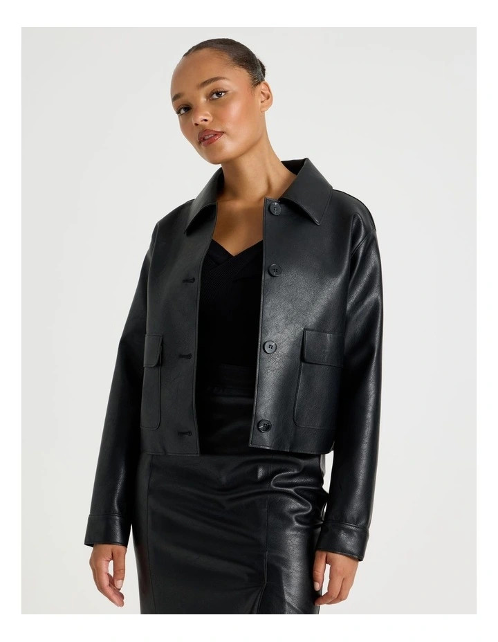BlaqFaux Leather Button Up Jacket in Black | Myer