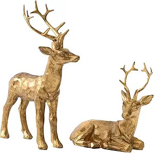 DN DECONATION 2PCS Christmas Resin Reindeer Figurines Small Gold Deer Decorative Statues Resting ... | Amazon (US)