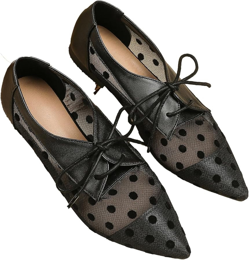 Hopomart Women's Mesh Polka Dots Breathable Pointed Toe Casual Shoes Fashion Lace Up Comfort Ligh... | Amazon (US)