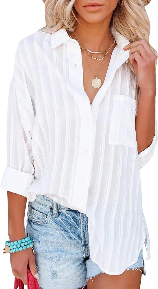 Women Button Down Shirt Oversized Long Sleeve Blouse Button Up Boyfriend Shirt with Pocket | Amazon (US)