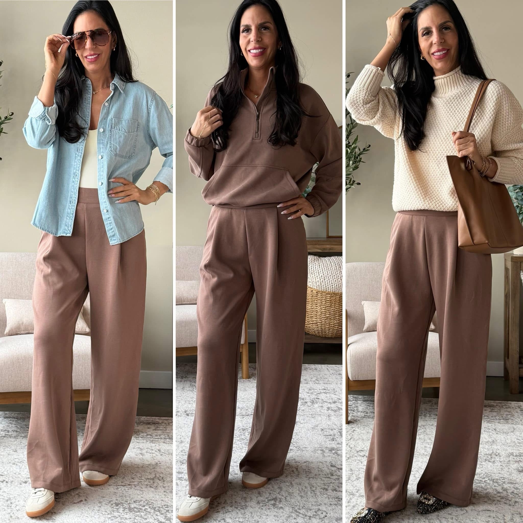 Amazon Softstreme look for less 
Color: Nutria 
Medium Pants- sized up 
Top- small 
Sweater- small 
All Saints look for less 
Denim top- small 

#LTKNYFW #LTKSaleAlert #LTKU