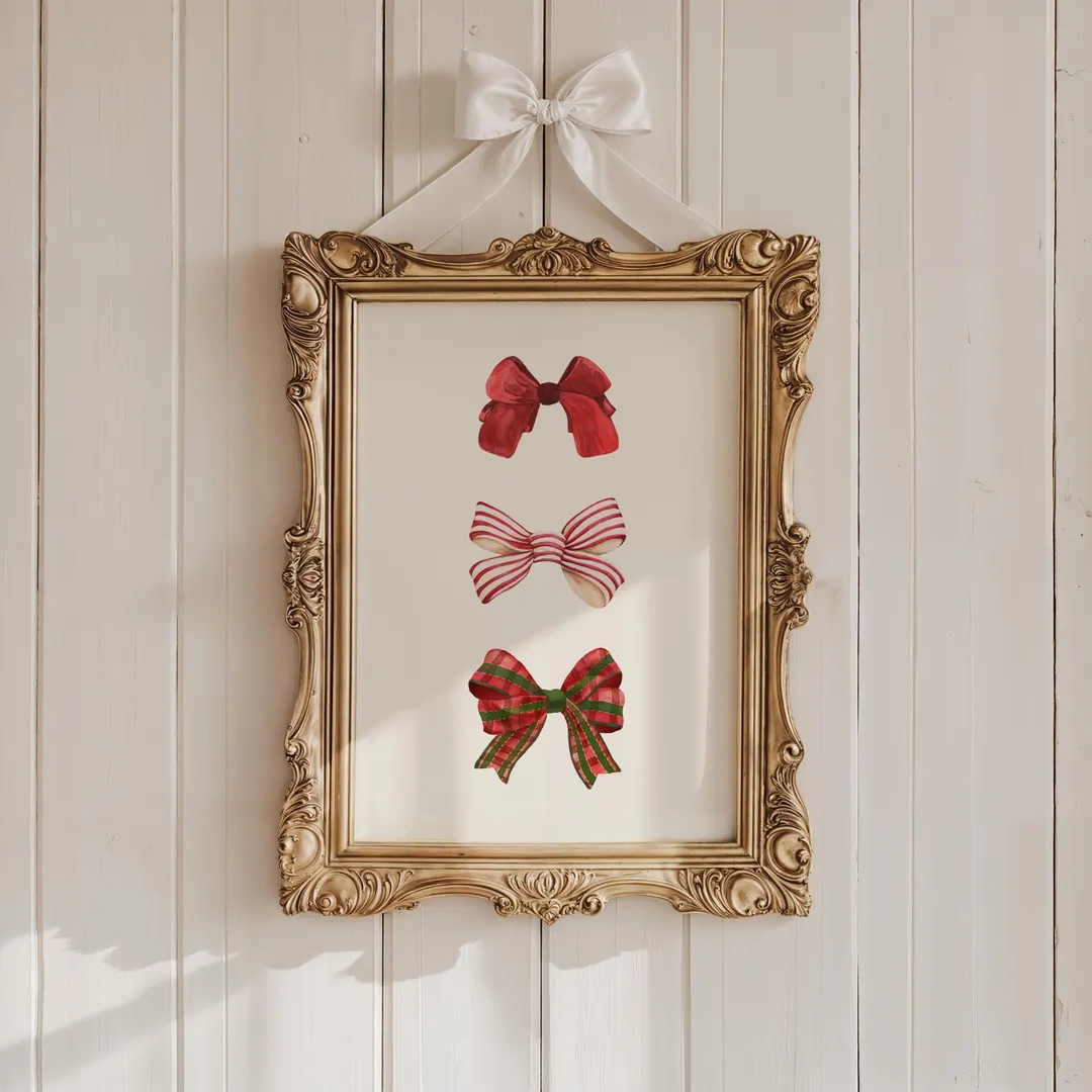 Vintage Red Bow Coquette Christmas Print, Printable Christmas Wall Art, Nursery Decor, Modern Tre... | Etsy (US)
