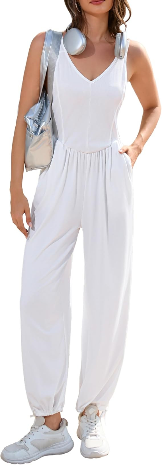 Women's Summer One Piece Jumpsuits Casual Tank Top V Neck Wide Leg Pant Rompers Outfits with Pock... | Amazon (US)
