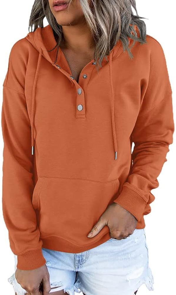 Dokotoo Womens 2023 Hooded Button Collar Drawstring Hoodies Pullover Sweatshirts Casual Long Slee... | Amazon (US)