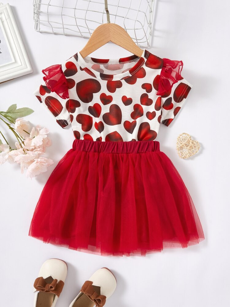 Toddler Girls Allover Heart Print Contrast Mesh Top & Skirt | SHEIN