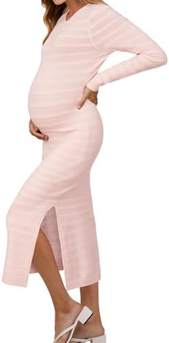 OUGES Womens 2025 Fall Maternity Dress Long Sleeve Crewneck Side Slit Midi Dress Bodycon Knit Swe... | Amazon (US)