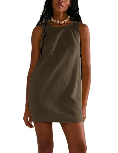 Womens Summer Crew Neck Sleeveless Open Back Dress Casual Beach Sunshine Cotton Linen Mini Dress | Amazon (US)