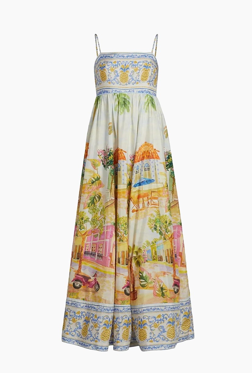 Farm Rio's Aracati maxi dress features a square neckline, an empire waist, and a vibrant landscape print.

#LTKU #LTKParties #LTKTravel