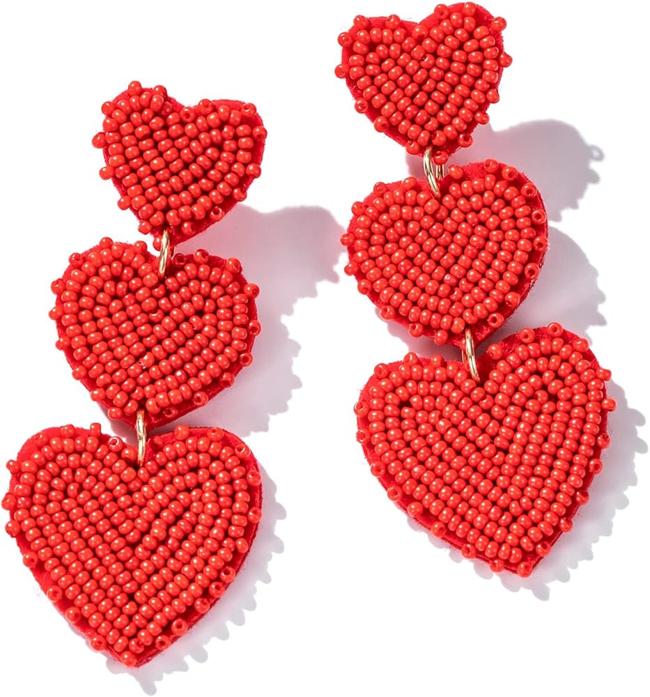 Beaded Heart Shaped Earrings - Handmade Statement Heart Dangle Earrings Gift for Valentine's Day ... | Amazon (US)