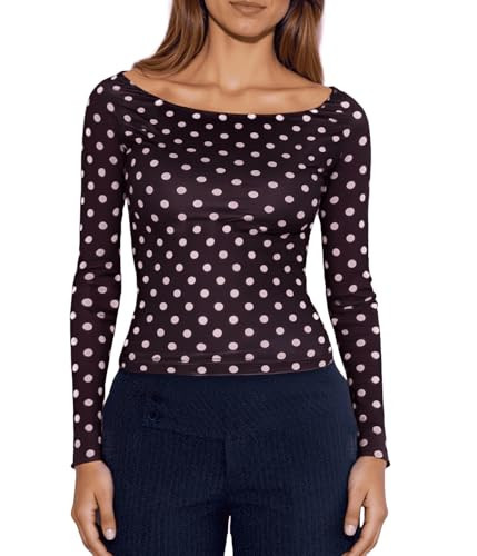 Seyumixi Polka Dot Tops for Women Y2K Long Sleeve Crop Top Vintage Cute Slim Fit Crew Neck Shirt Going Out Streetwear(Slim Brown,M) | Amazon (US)