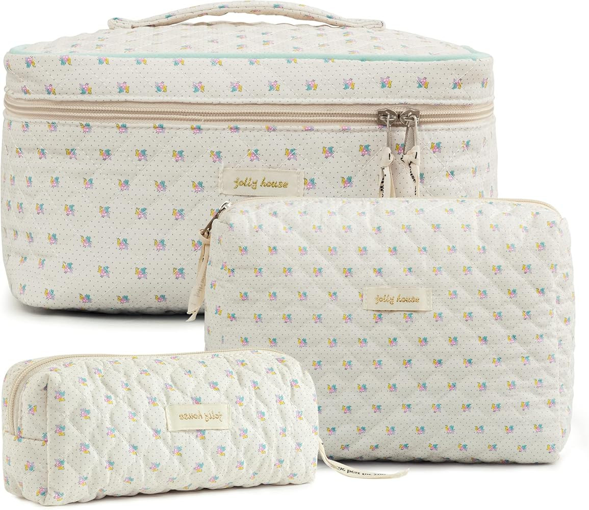 HBselect 3 PCS Makeup Bag Cosmetic Bag for Women, Cotton Large Travel Makeup Organizer Bag, Cute ... | Amazon (US)