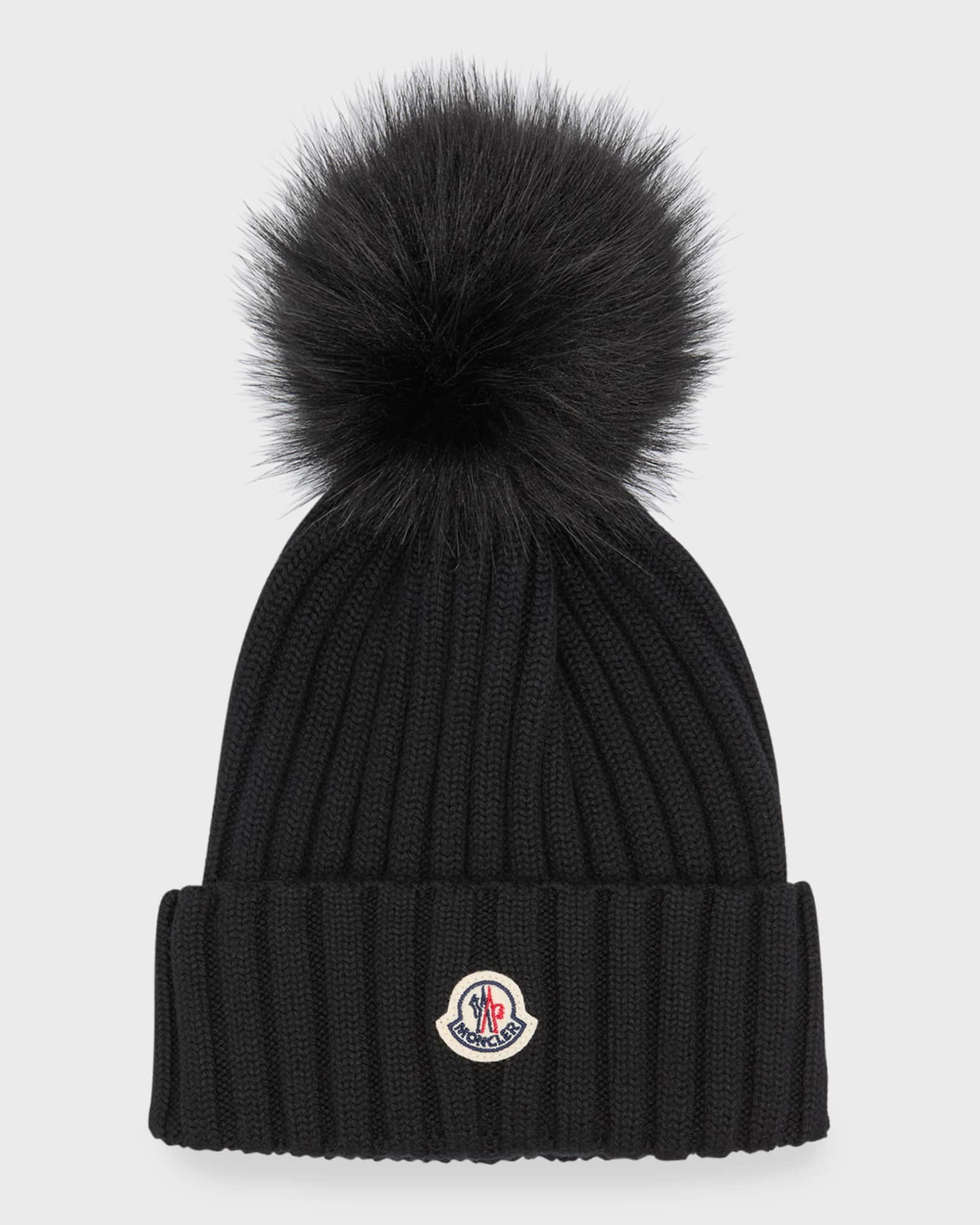Moncler Ribbed Wool Beanie with Faux Fur Pom | Neiman Marcus
