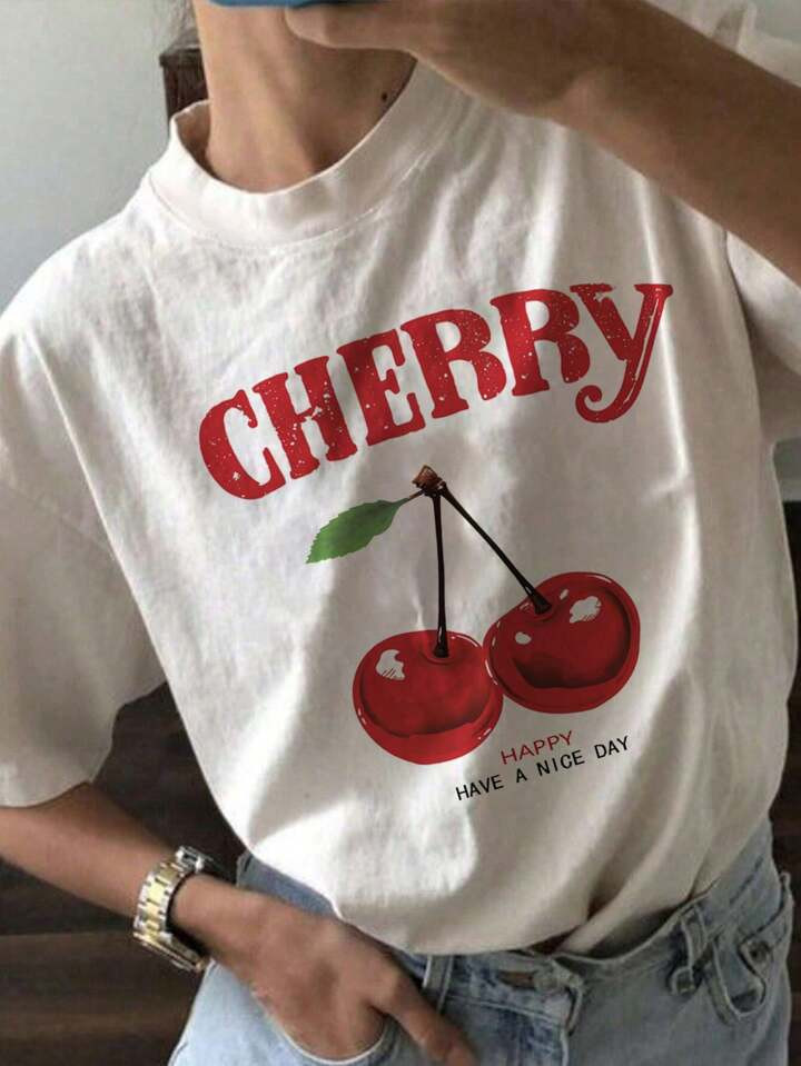 evoluSHEINSHEIN EZwear Oversized White Cherry Print Round Neck Short Sleeve Casual T-Shirt For Wo... | SHEIN
