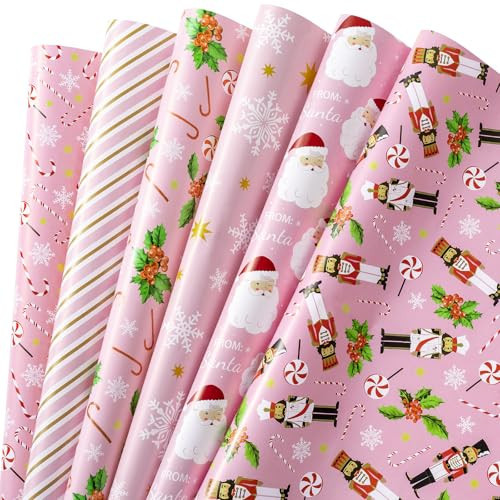 RUSPEPA Pink Christmas Wrapping Paper Sheets, Pink Santa, Nutcracker, Candy Cane, Holly & Snowflakes Design, Holiday Gift Wrap for Girls, Kids, Xmas Gifts, Crafts, 6 Folded Sheets, 19.68 X 27.5 Inch | Amazon (US)
