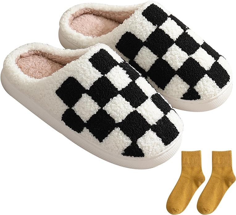 House Slippers for Women Men, Plush Warm Fuzzy Slippers, Cozy Memory Foam Checkered Slippers, Bed... | Amazon (US)
