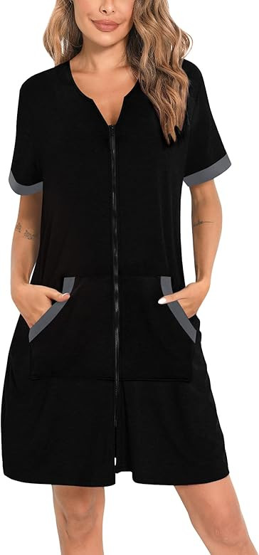 SWOMOG Women Zipper Up Robe Short Sleeves Nightgown Zip Front Housecoat Soft Bathrobe with Pocket... | Amazon (US)