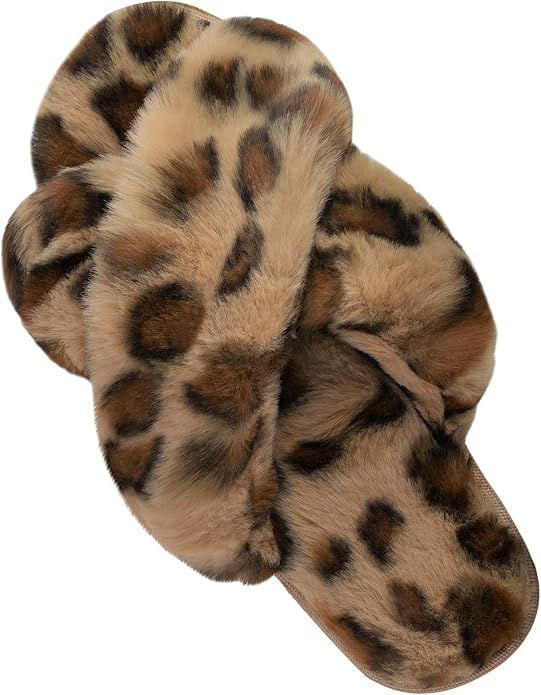 DL Womens Cross Band Leopard Soft Plush Furry Fleece Slippers Slip on Open Toe House Slippers Ind... | Amazon (US)