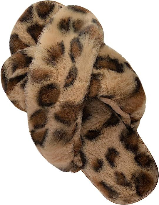 DL Womens Cross Band Leopard Soft Plush Furry Fleece Slippers Slip on Open Toe House Slippers Ind... | Amazon (US)