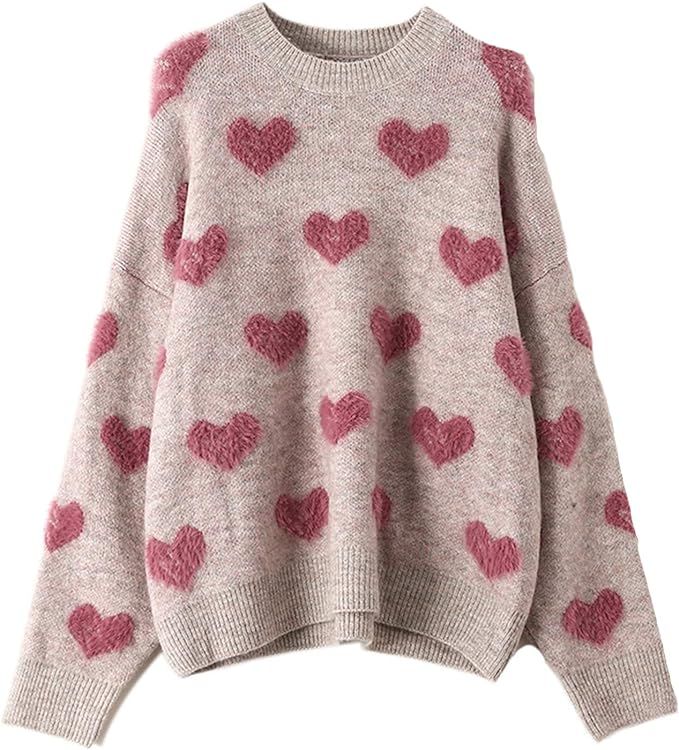 CORIRESHA Women's Casual Crewneck Comfy Fuzzy Hearts Knit Sweater Pullover | Amazon (US)