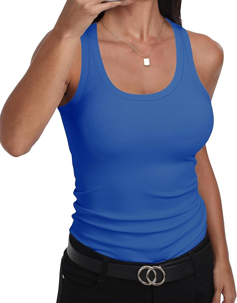 GEMBERA Womens Scoop Neck Sleeveless Racerback Ribbed Knit Slim Fitted Basic Tank Top Shirt | Amazon (US)