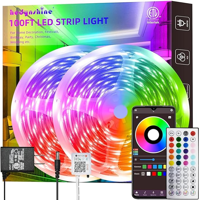 HEDYNSHINE 100Ft Smart LED Strip Lights, Dimmable Color Changing by APP and 40Key Controller Indo... | Amazon (US)