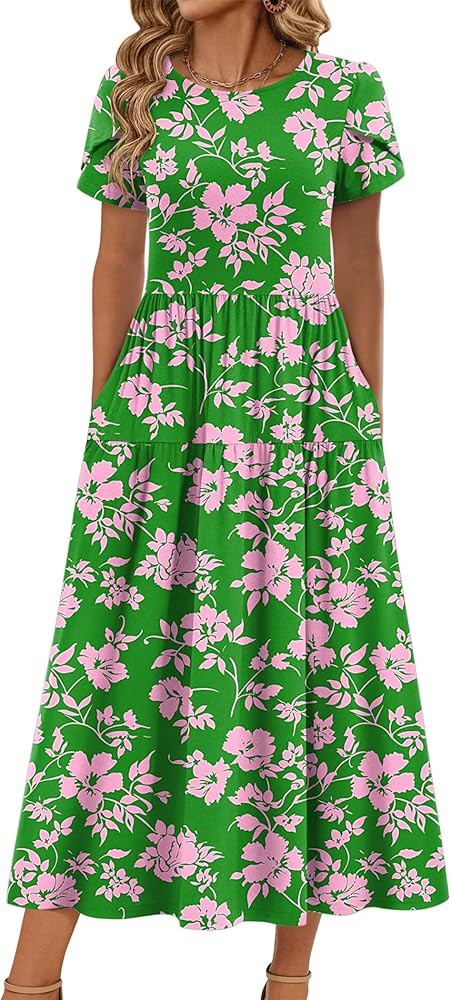 Zeagoo Summer Dresses for Women 2026 Maxi Bohemian Floral Short Sleeve Long Dress Casual Flowy Ti... | Amazon (US)