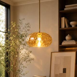 12 in. 1-Light Gold Pendant Light with Amber Ripple Glass, E26 Drum Light for Kitchen Island and Dining Room | The Home Depot