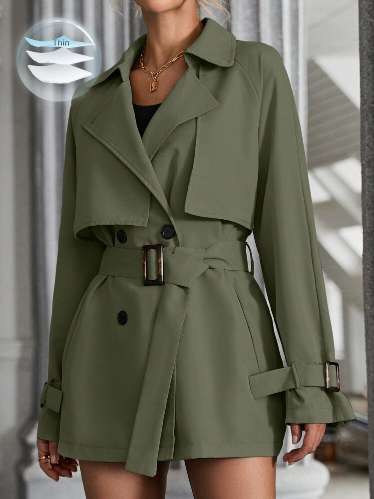 EMERY ROSE Women's Solid Color Lapel NeckRaglan Sleeve Double-Breasted Casual Trench Coat | SHEIN