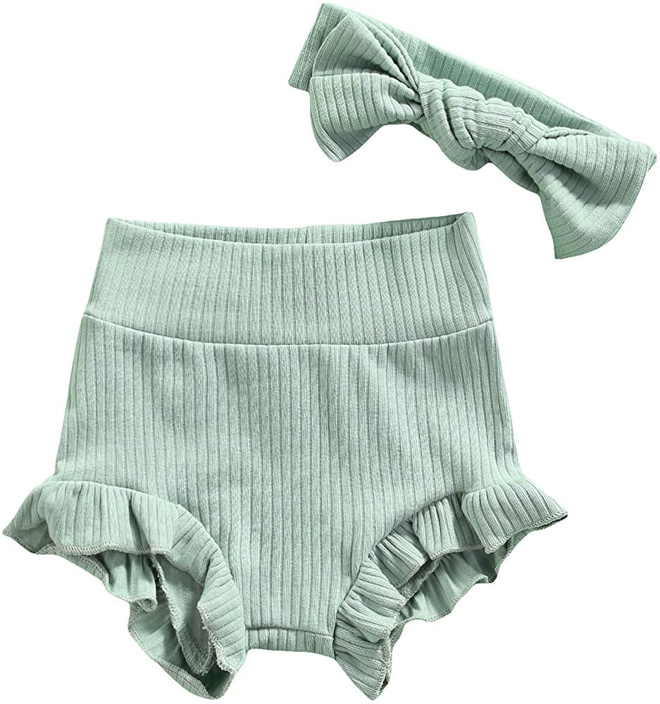 Mubineo Infant Baby Girl Boy Basic Plain Cotton Ruffle Bloomer Shorts Headband Set | Amazon (US)