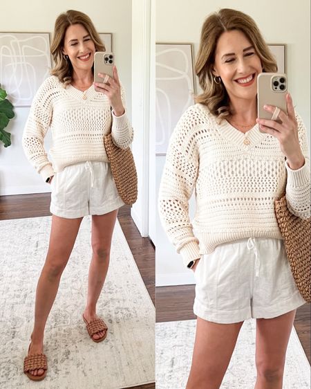 New Target open work sweater and linen shorts with braided slide sandals, I really love this sweater! I’m in a small. Size up if you want it oversized. Shorts true to size 6. #targetfashion #targetstyle #target crochet 

#LTKunder50 #LTKstyletip #LTKunder100