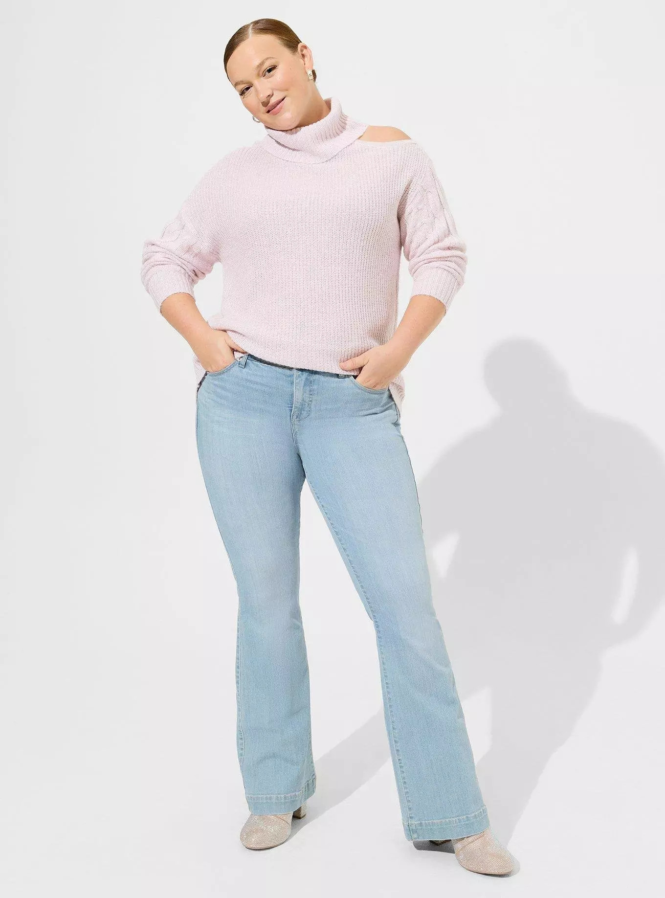 Lurex Cable Pullover Cold Shoulder Turtle Neck Sweater | Torrid (US & Canada)