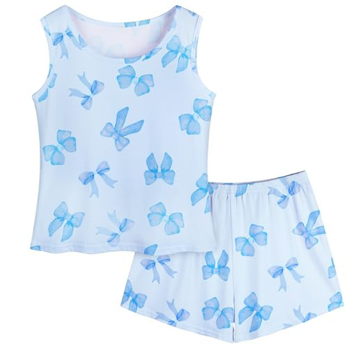 Play Tailor Girls Pajamas for Kids Sleepwear Girl Tank Tops Pjs Shorts Set 2Pcs for Teen Girls Summer Casual Clothes, Light Blue, 8-9 Y | Amazon (US)