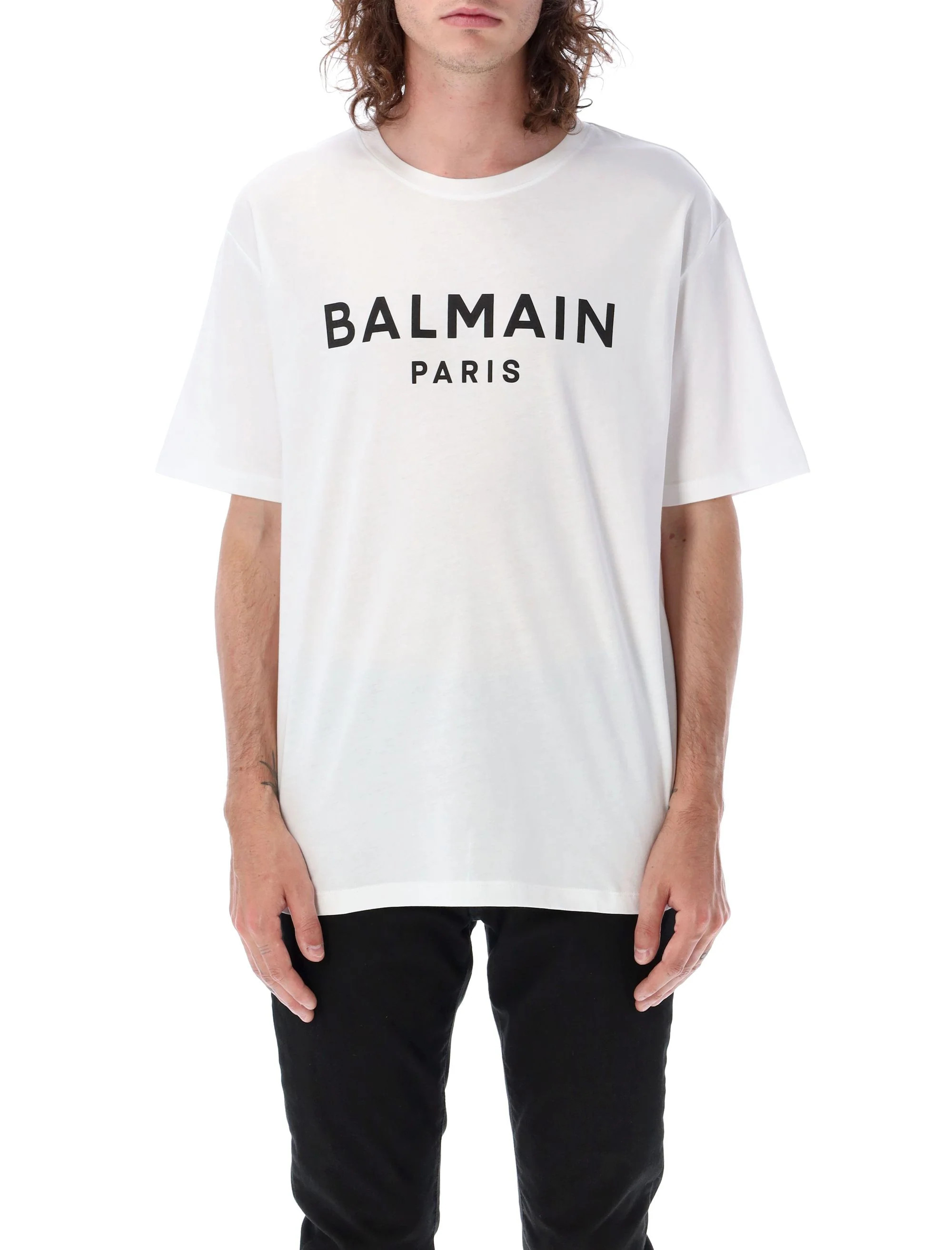 Balmain Men's Logo T-Shirt in Bianco Nero | Size XL | 24ADH1EG000BB73 Color GAB | LOZURI