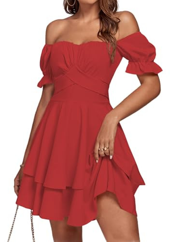 LYANER Women's Off Shoulder Tie Back Wrap Layer Ruffle Short Sleeve Mini Dress Solid Red Large | Amazon (US)