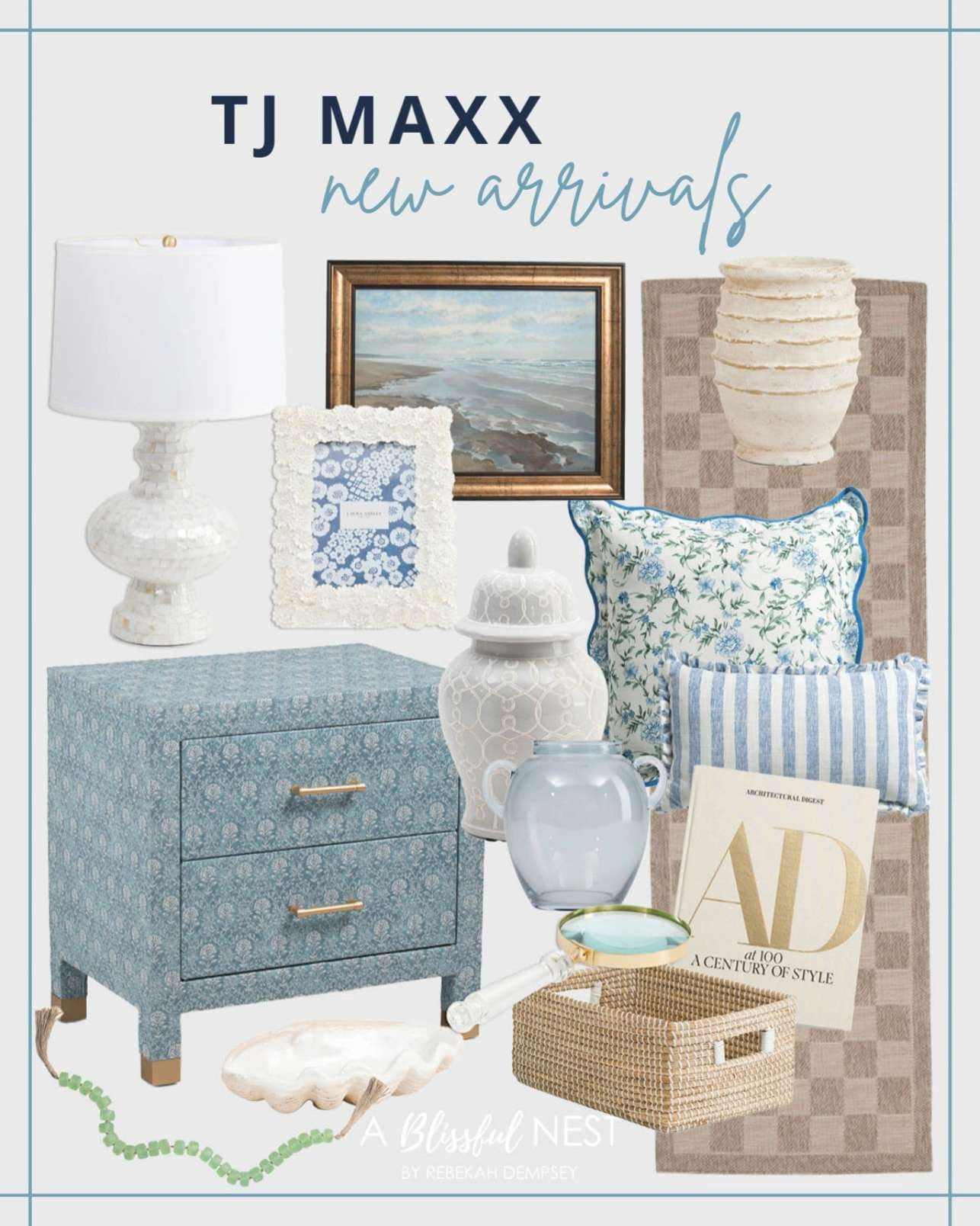 So many fresh home finds just landed at TJ Maxx. Tap to browse.

denim printed nightstand table, seagrass wrap bin, floral outdoor pillow, blue cabana outdoor pillow, beach wall art, Architectural Digest decorative book, acrylic handle magnifying glass, mother of pearl shaped table lamp, earthy ridged decorative vase, wildflower picture frame, beaded garland decor, lidded temple jar, recycled glass decorative vase, pearlized shell bowl, checkered runner 

 #LTKHome