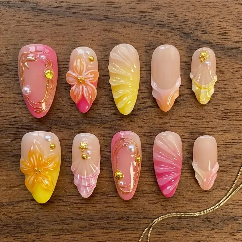 3D Sunset Floral Press on Nails, Luxury Pink Yellow Shell Ocean Fake Nails - Etsy | Etsy (Global)