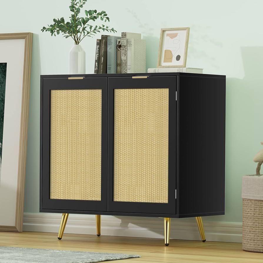 Anmytek Rattan Cabinet, Modern Black Sideboard Buffet Storage Cabinet Accent Cabinet with 2 Doors... | Amazon (US)
