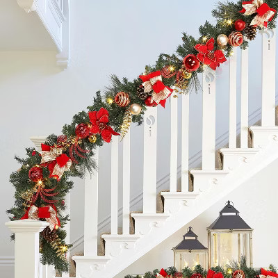 Christmas Garland for Outdoor Decor, 6FT Christmas Garland with Ball Ornaments Flowers Pine Cones for Fireplace Stairs Mantle, Red and White | Target