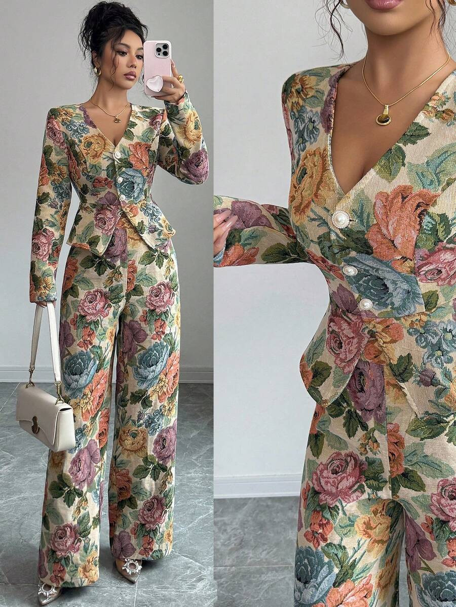 SHEIN Elenzya Women's Elegant Jacquard Non-Stretch Suit, Autumn/Winter | SHEIN